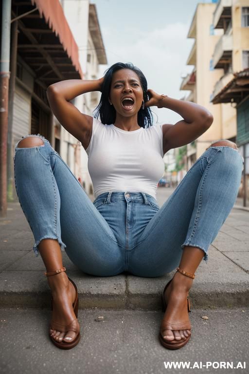 angry panama woman, dark skin, wet skin, white t shirt, straight paintfull blue ripped jeans, monk shoes, ((view from the ground)), spread legs, ((city street backgrond)) - #main
