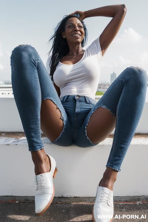 panama woman, dark skin, wet skin, white t shirt, straight paintfull blue ripped jeans, oxford shoes, ((view from the ground)), spread legs, ((skyscrs backgrond)) - #main