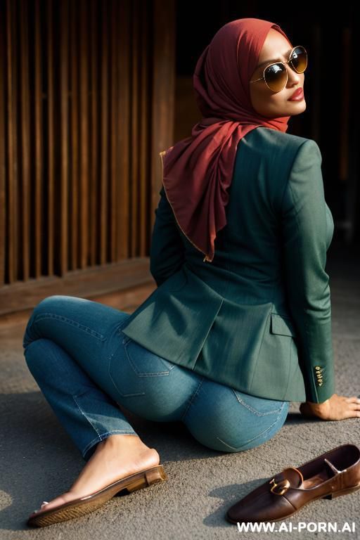 bangladeshi woman, light-green blazer, straight blue jeans, monk shoes, sunglasses, headscarf - #main