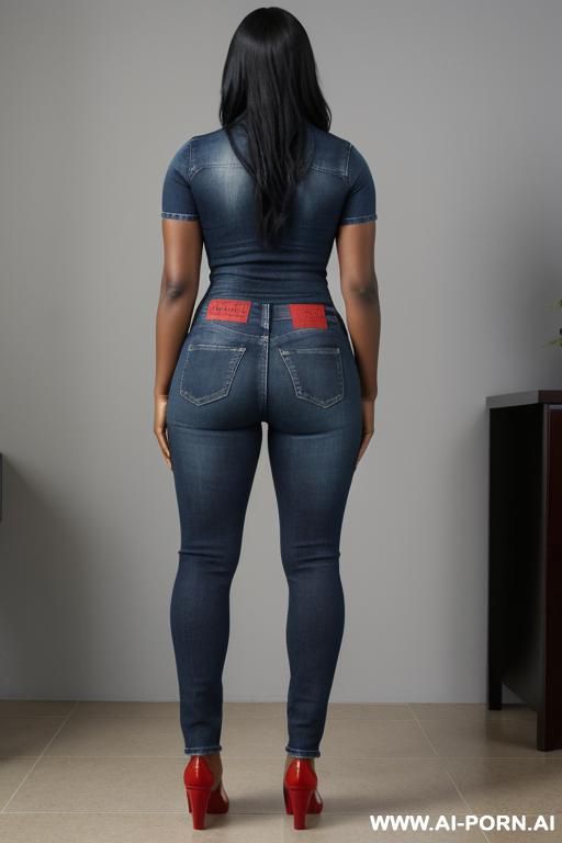 angry panama woman, dark skin, straight blue jeans, blue and red stars t-shirt, low flats shoes - #main