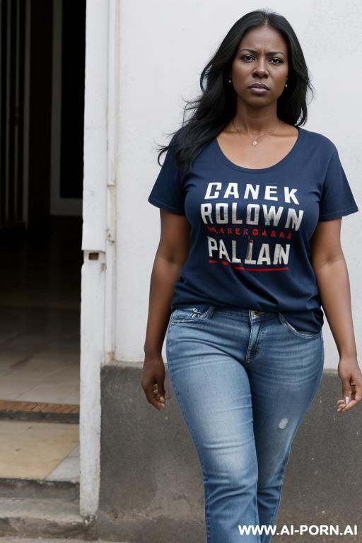 angry panama woman, dark skin, straight blue jeans, panama team t-shirt, low flats shoes - #main