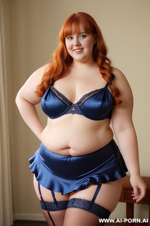 half body photo shot close up. a ((british obese fat bbw redhead)), ((thick with love handless)). ((wearing a yellow sexy and hot garter belt lingerie, and a dark-blue ruffle silk micro-skirt)). she is smiling - #main