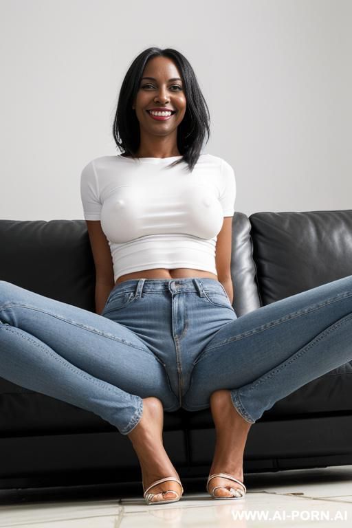 panama woman, dark skin, straight blue jeans, wet white t-shirt, show large dark nipples, low flats shoes, spread legs, ((view from the ground)), extra low angle view, ((light up photo the pussy area)) - #main