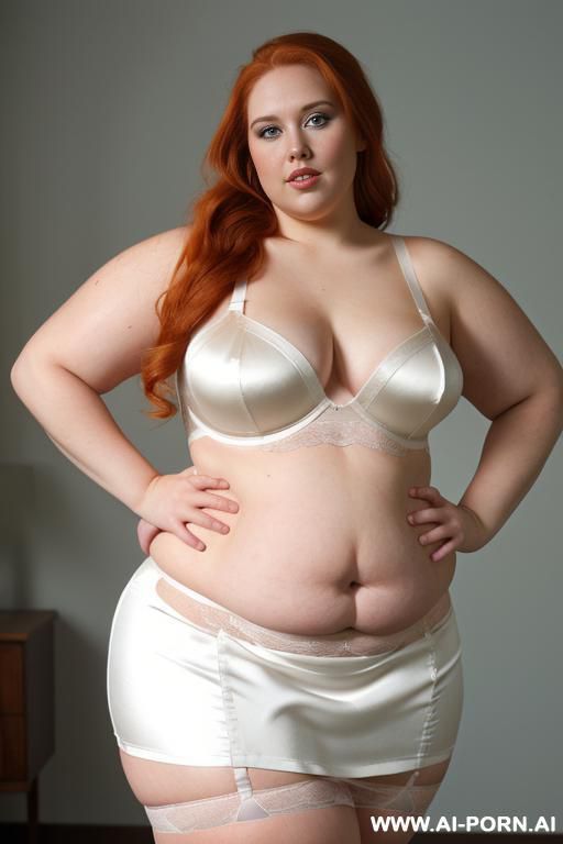half body photo shot close up. a ((british obese fat bbw redhead)), ((thick with tummy and love handless)). ((wearing a bright sexy and hot ((nurse)) line tape bride lingerie, and a silk micro-skirt)). - #main