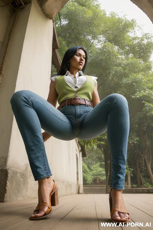 bangladeshi woman, light-green vest, straight blue jeans, leather belt, monk shoes, ((view from the ground)), ((extra low angle)), spread legs - #main