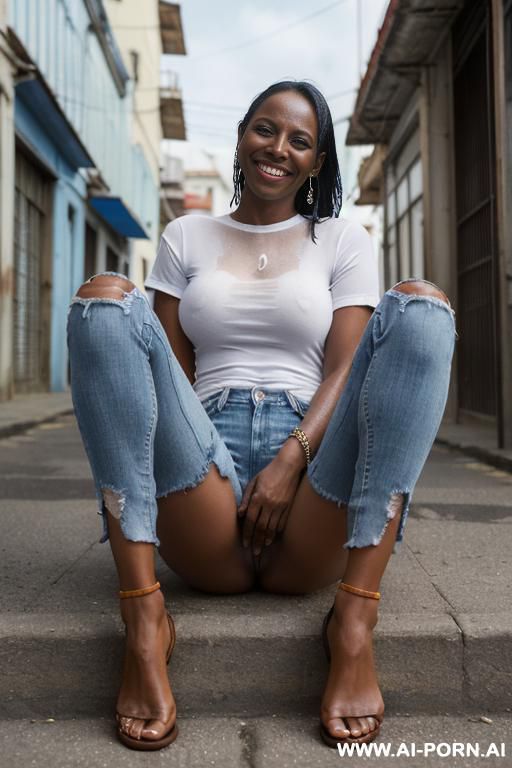 angry panama woman, dark skin, wet skin, white t shirt, straight paintfull blue ripped jeans, monk shoes, ((view from the ground)), spread legs, ((city street backgrond)) - #main