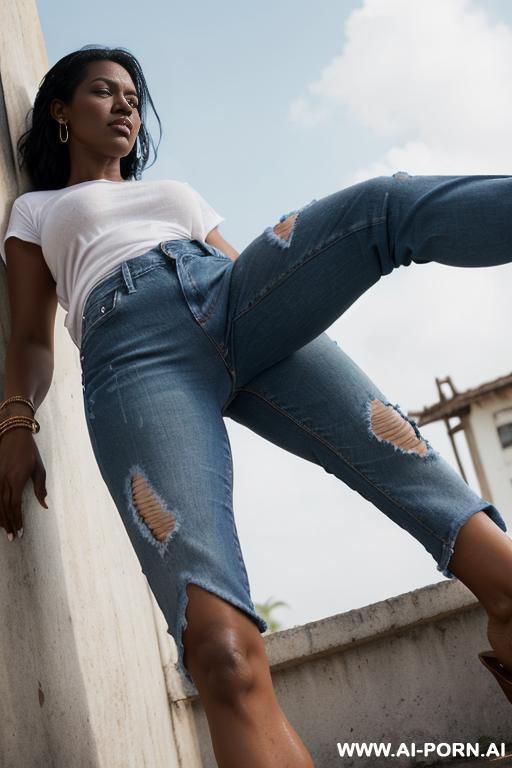 angry panama woman, dark skin, wet skin, white t shirt, straight paintfull blue ripped jeans, monk shoes, ((view from the ground)), ((extra low angle)), front view, show her pussy - #main