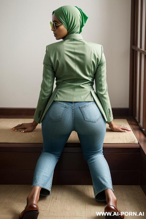 bangladeshi woman, light-green blazer, straight blue jeans, monk shoes, sunglasses, headscarf - #main