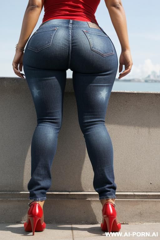 angry panama woman, dark skin, straight blue jeans, red stars t-shirt, low flats shoes, ((view from the ground)), ((extra low angle)), lean, show her ass, ((full body shot)) - #main