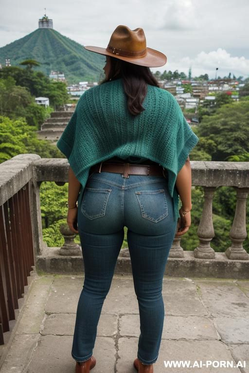 native guatemala gilf, dark skin, chubby, short green colored poncho, straight light-blue jeans, leather belt, oxford shoes, leather hat, ((view from the ground)), ((extra low angle)), lean, show her ass, ((full body shot)) - #main
