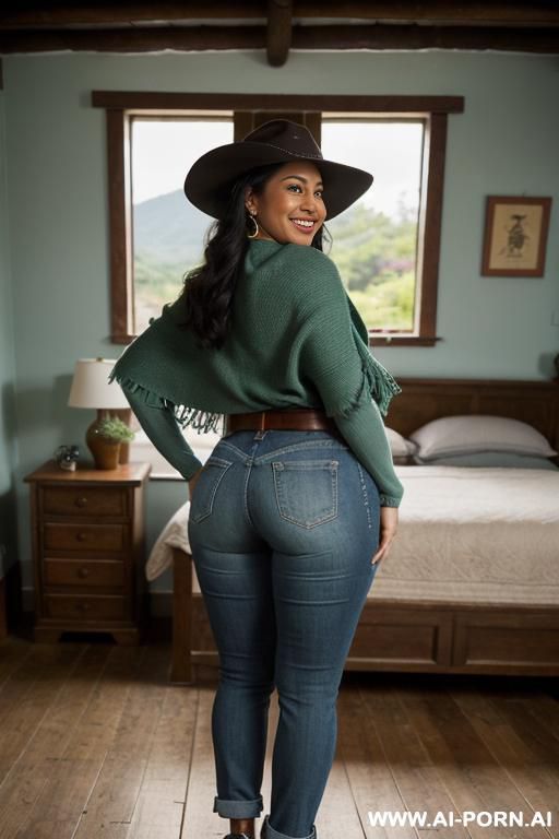 native guatemala gilf, dark skin, chubby, short green colored poncho, straight light-blue jeans, leather belt, oxford shoes, leather hat, ((view from the ground)), ((extra low angle)), lean, show her ass, ((full body shot)), ((village bedroom)) - #main