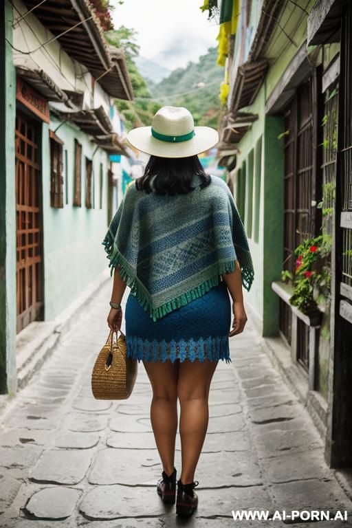 native guatemala gilf, chubby, short green colored poncho, ligh-blue corte skirt, oxford shoes, hat - #main