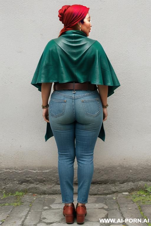 native guatemala gilf, chubby, short green colored poncho, straight light-blue jeans, leather belt, oxford shoes, red head wrap - #main