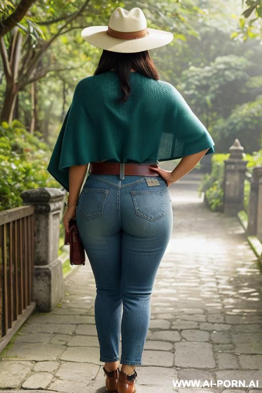 native guatemala gilf, chubby, short green colored poncho, straight light-blue jeans, leather belt, oxford shoes, hat, ((spread legs)) - #main
