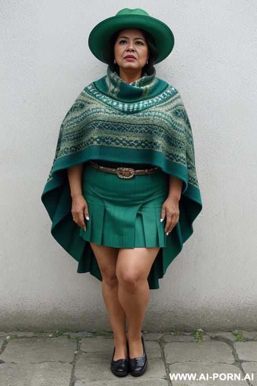 native guatemala gilf, angry, chubby, short green colored poncho, ligh-blue corte skirt, oxford shoes, hat - #main