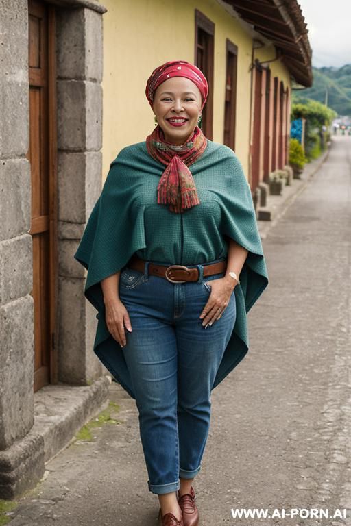 native guatemala gilf, chubby, short green colored poncho, straight light-blue jeans, leather belt, oxford shoes, guatemala red head wrap - #main