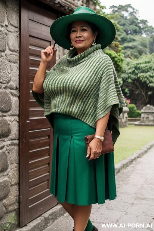 native guatemala gilf, chubby, short green colored poncho, corte skirt, oxford shoes, hat - #main
