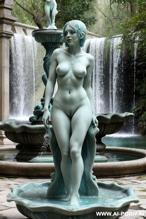 female nude naked marble sculpture intricate fountain in park three females gothic style overgrown wilderness big intricate fountain waterfalls azure water overgrown wilderness - #main