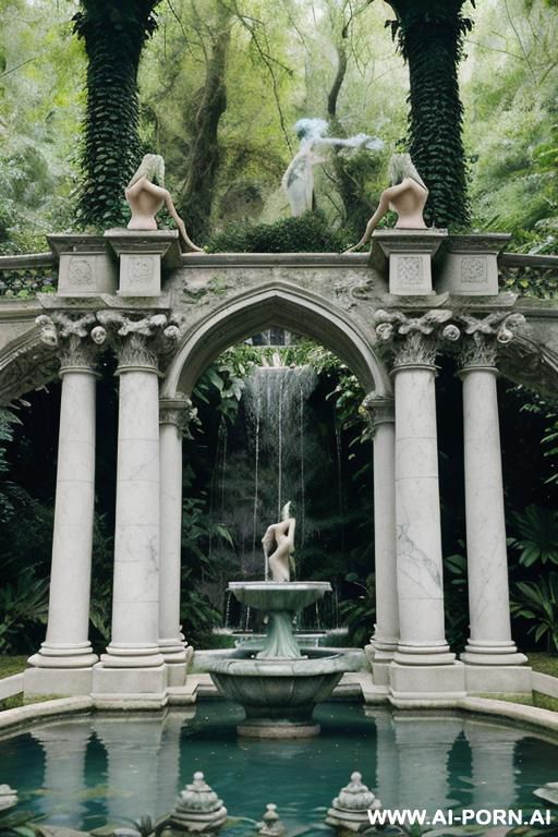 waterfall fountain gothic marble sculpture in wilderness overgrown forest park female nude naked marble sculpture intricate fountain in park three females raised hands above together big fountain azure water overgrown mansion - #main