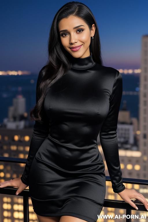fancy black long sleeve crew neck dress, balcony at a luxury hotel in manhattan, night time, lean, (photorealistic), (ultra detailed photo), (hyper realistic photo), (busty), (asin ), hud3 - #main