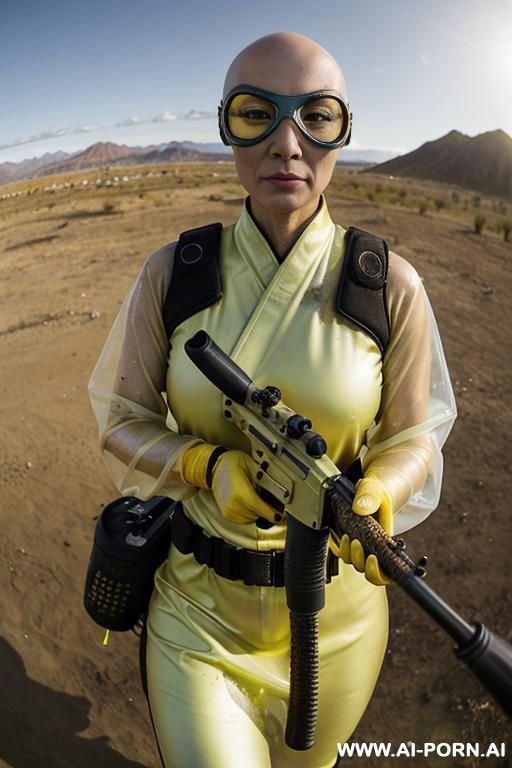 ((((view fish eye lens)))) up level shot forehead in closedup hyperrealism painting: slender bald old japanese woman, age twenty, ((aa cup teardrop boobs)), on the desert field, bald head, she - #main