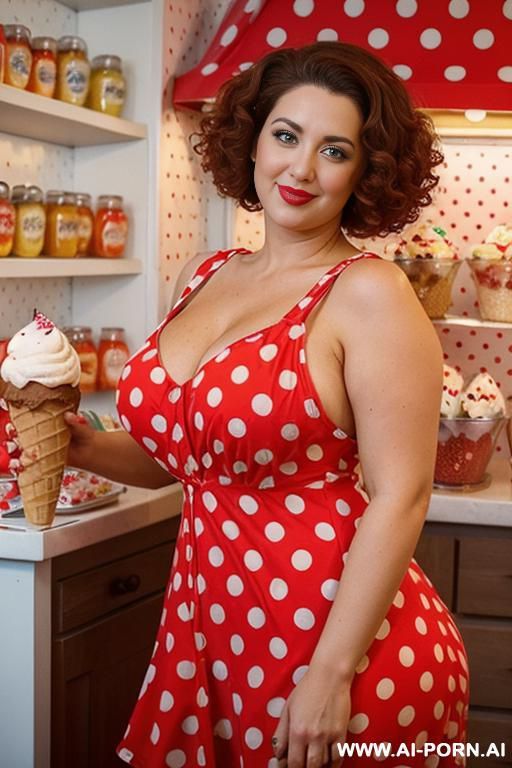 gorgeous hot brunette women wearing (((red polka dot dress))) in kitchen, curvy ass, fucked, pov, cartoon style - #main