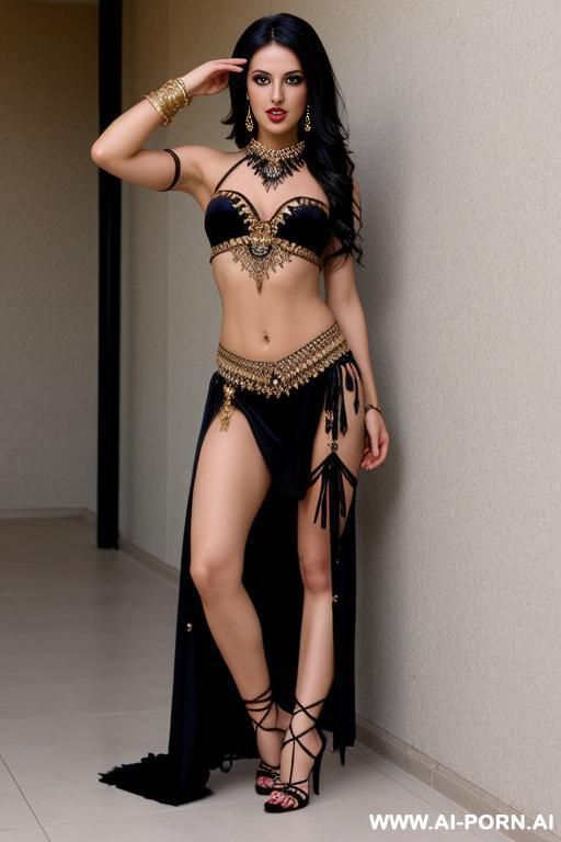 turkish, pretty face, belly dancer costume, athletic body, dark hair, dark eyes, navel piercings, high lace up heels - #main