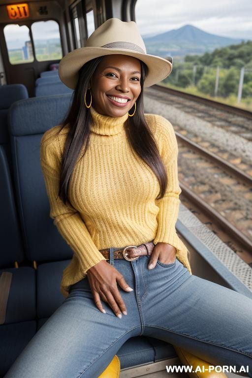 guatemala gilf, dark skin, pullover, straight blue jeans, yellow riding long boots, hat, ((view from the ground)), spread legs - #main