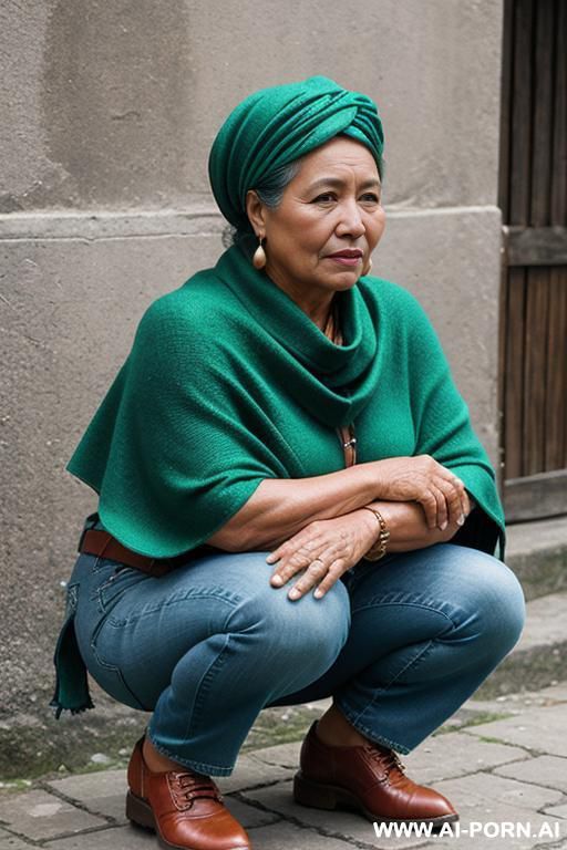native guatemala gilf, chubby, short green colored poncho, straight light-blue jeans, leather belt, oxford shoes, head wrap - #main