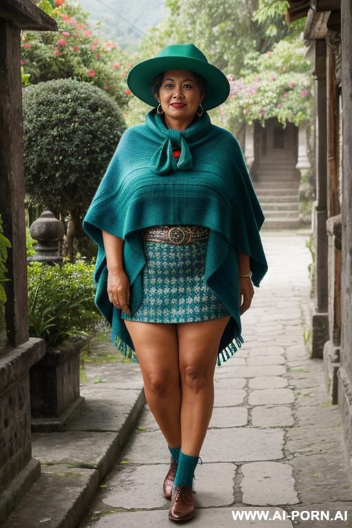 native guatemala gilf, chubby, short green colored poncho, ligh-blue corte skirt, oxford shoes, hat - #main