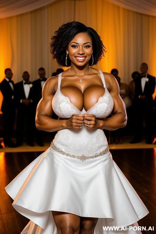 20 year old athletic african american woman with massive breasts, smiling, toned muscular arms, standing on the dance floor of a wedding recepting - #main