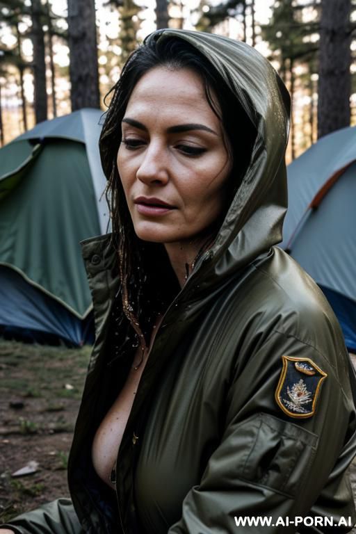 photograph, nude, mature woman, wet skin, medium breasts, sleeping bag, military jacket, night, outdoor, camping, realistic, natural lighting, serious expression, sexual, detailed, - #main