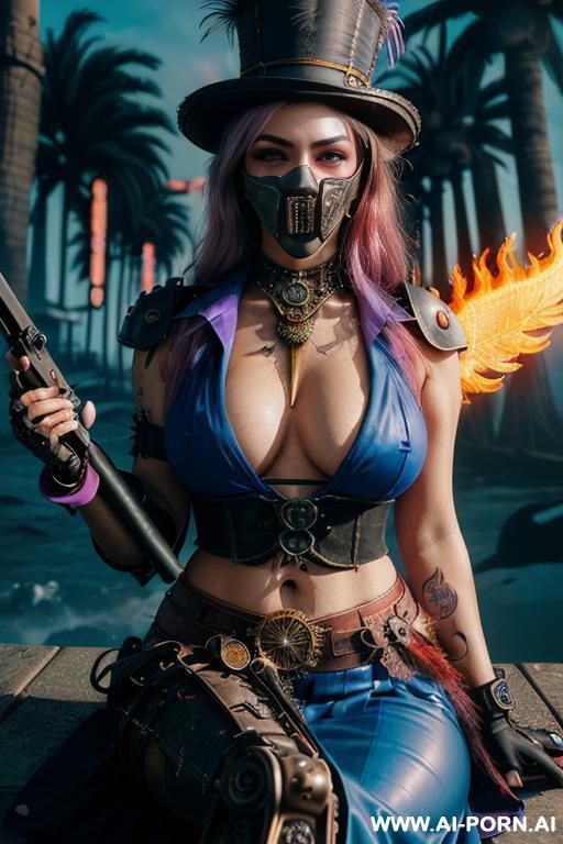 ((((masterpiece)))), (((woman sitting))), (glowing red eyes), (long blue purple and white hair with a flower), ((crop top white collar shirt with red tie)), ((((flaming angel wing)))), ((navy formal - #main