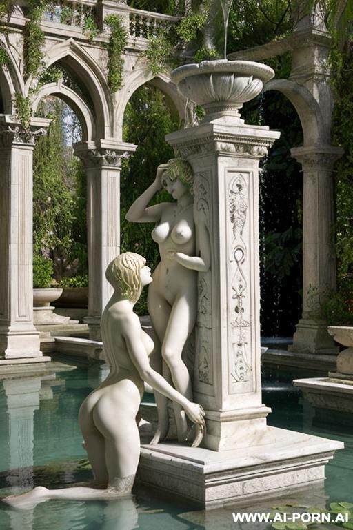 female nude naked marble sculpture intricate fountain in park three females holding water pot gothic style overgrown wilderness - #main
