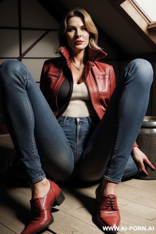 mature woman, red leather jacket, straight blue jeans, oxford shoes, ((spread kegs)), view from the ground, ((attic bedroom)) - #main