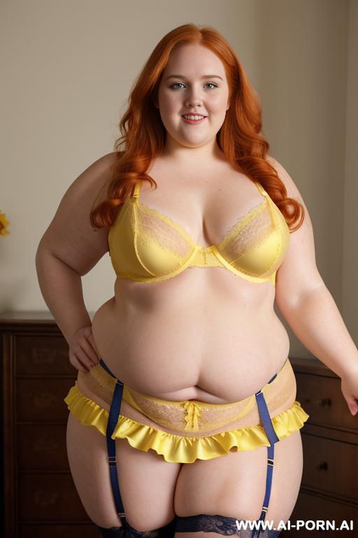 half body photo shot close up. a ((british obese fat bbw redhead)), ((thick with love handless)). ((wearing a yellow sexy and hot garter belt lingerie, and a dark-blue ruffle silk micro-skirt)). she is smiling - #main