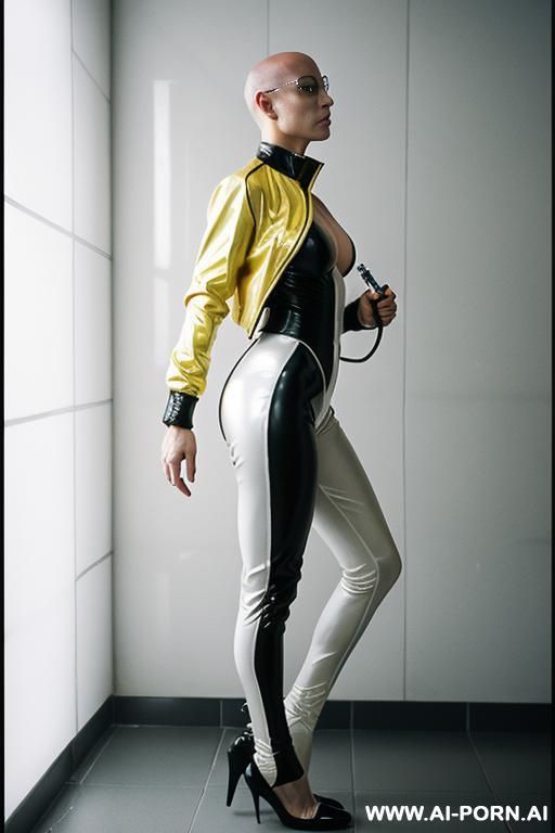 side view, sci-fi, slender body in the sci-fi city, sci-fi yellow jacket (provocative pose), sci-fi cap, side view walking, in white background, image comic-drawing vintage style - #main