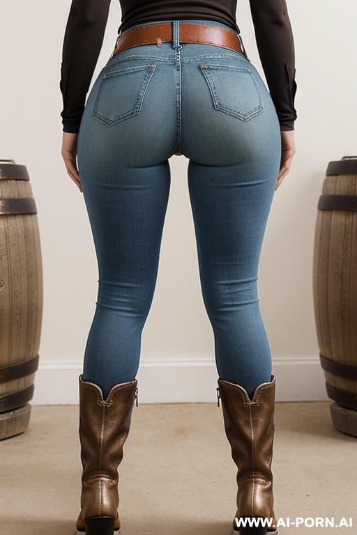 mature woman, light-brown top, straight blue jeans, lime green belt, riding short boots, ((spread kegs)), view from the ground, ((extra low angle)), lean, show ass, full body shot, ((show face and boots)) - #main