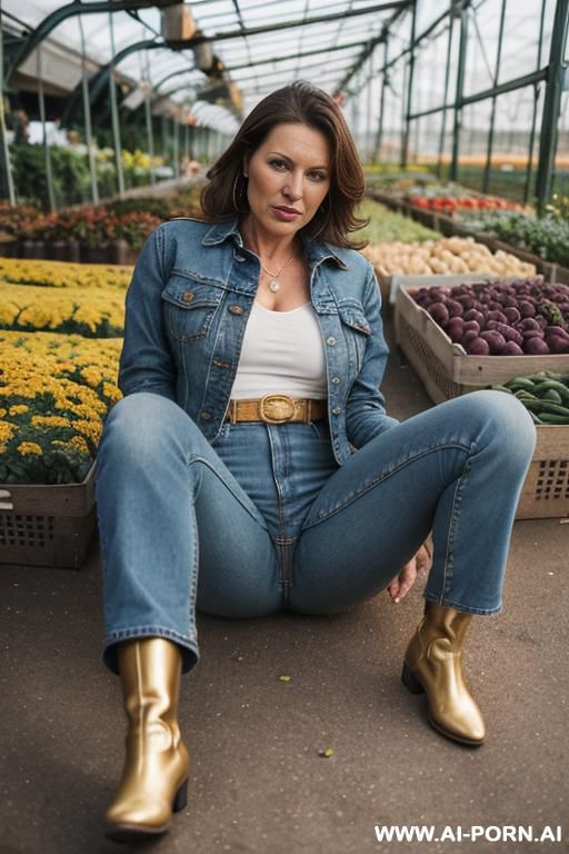 milf, vintage bootcut blue jeans, golden short flats boots, ((view from the ground)), spread legs - #main