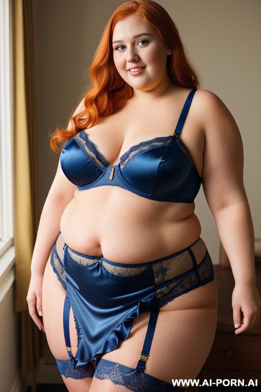 half body photo shot close up. a ((british very obese fat bbw redhead)), ((thick with love handless)). ((wearing a yellow sexy and hot garter belt lingerie, and a dark-blue ruffle silk micro-skirt)). she is smiling - #main