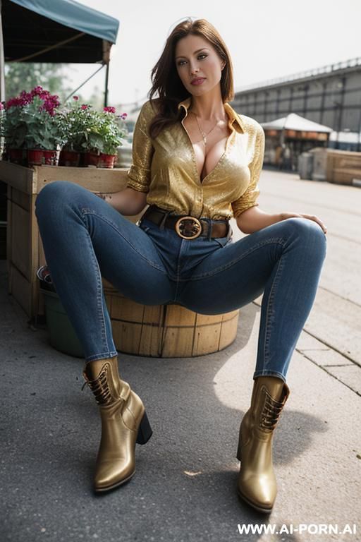 milf, vintage bootcut blue jeans, belt, golden short flats boots, ((view from the ground)), spread legs - #main