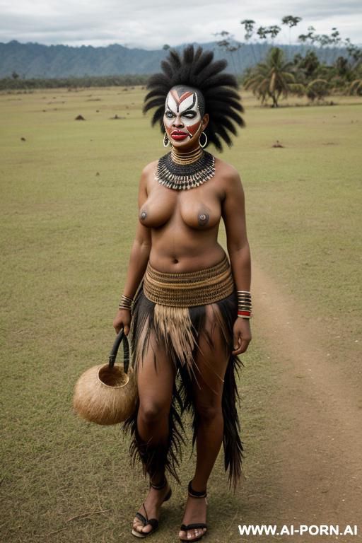 papuan woman, angry, face paint, straw skirt - #main