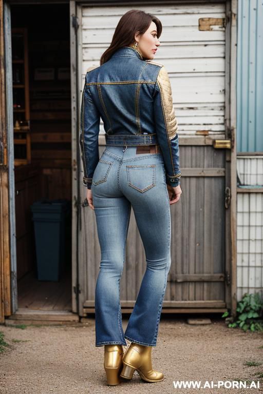 milf, vintage bootcut blue jeans, golden short flats boots - #main