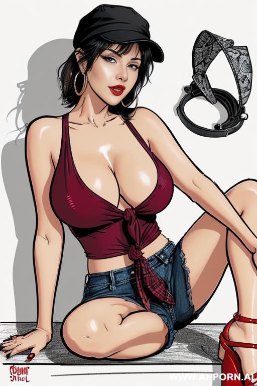(((full body shot))), (at the sunset) , ((((full lips red)))) (hoop earrings), long, thick, brunette pixie haircut, (sexy slut), (((most beautiful woman ever))), (in the park), (sitting sideways - #main