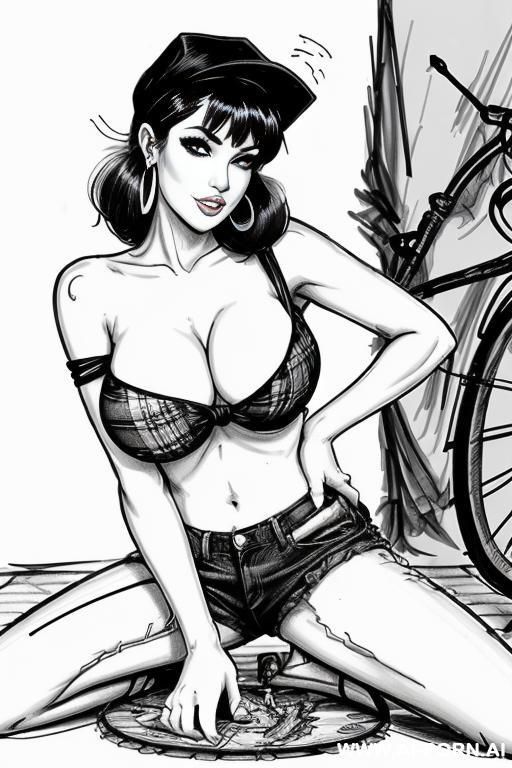 (((full body shot))), (at the sunset) (oíl skin body) , (hoop earrings), long, thick, brunette pixie haircut, (sexy slut), (((most beautiful woman ever))), (in the park), (sitting sideways bending - #main