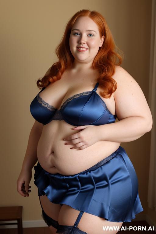 half body photo shot close up. a ((british obese fat bbw redhead)), ((thick with love handless)). ((wearing a yellow sexy and hot garter belt lingerie, and a dark-blue ruffle silk micro-skirt)). she is smiling - #main