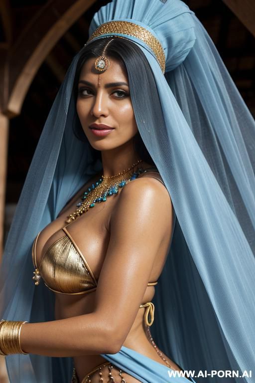 dark-skinned middle eastern woman. wearing a light blue, flowing, loose-fitting middle eastern dance costume. a light blue face veil is partially covering her face. a light blue, form-fitting - #main