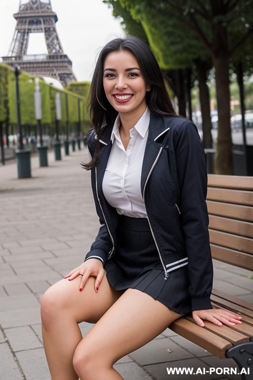 she walks in a short skirt with beautiful legs, sits down on a bench, crosses her legs, and the camera has lighting. - #main