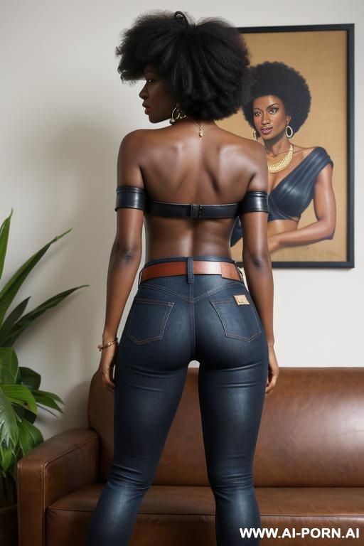 ebony, vintage flared blue jeans, tight ass, red belt, oxford shoes, afro hair, leather military cap - #main