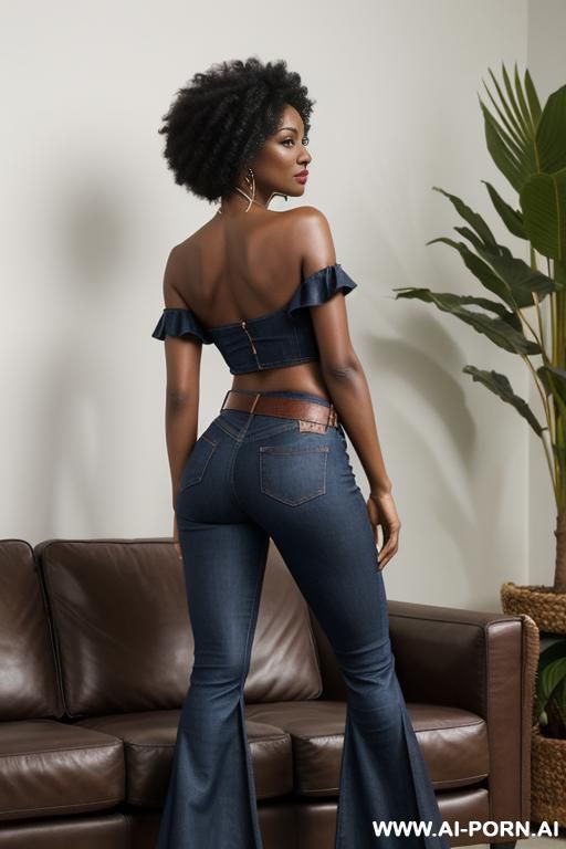 ebony, vintage flared blue jeans, tight ass, red belt, oxford shoes, afro hair, full body - #main